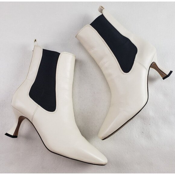 Sam Edelman Lani Chelsea Boot Womens 8 Cream Black Leather Pull On Ankle Heeled - Picture 1 of 15